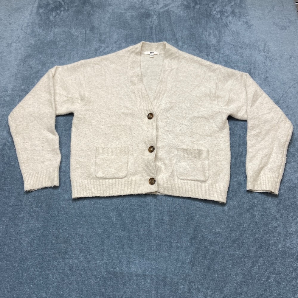 Uniqlo Cardigan Sweater Women Small White Stretch Tight Knit Button Front Winter